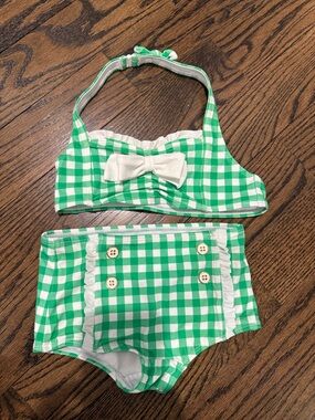 Janie and Jack Green Gingham Two-Piece Swim Set with White Bow